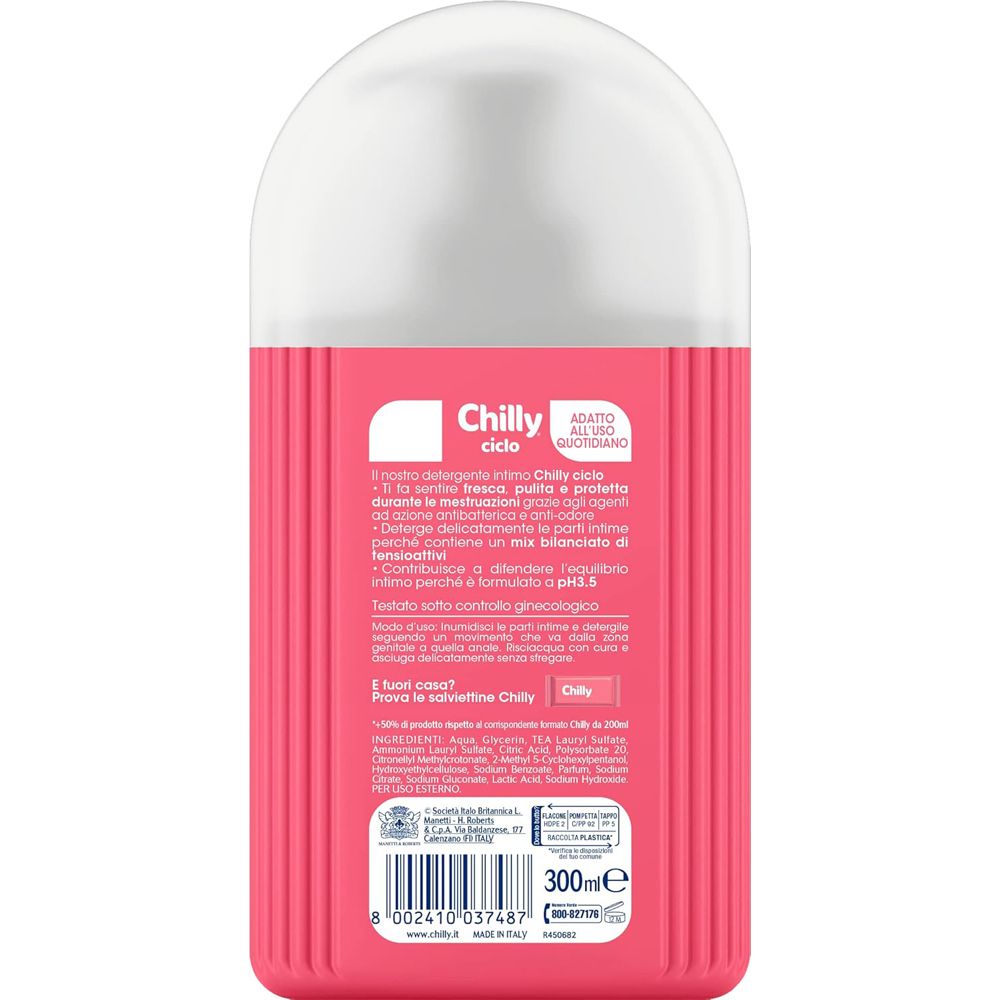 Retro del flacone rosa. Testo: Chilly ciclo, 300ml. Ingredienti e informazioni. Scritta: Adatto all'uso quotidiano.