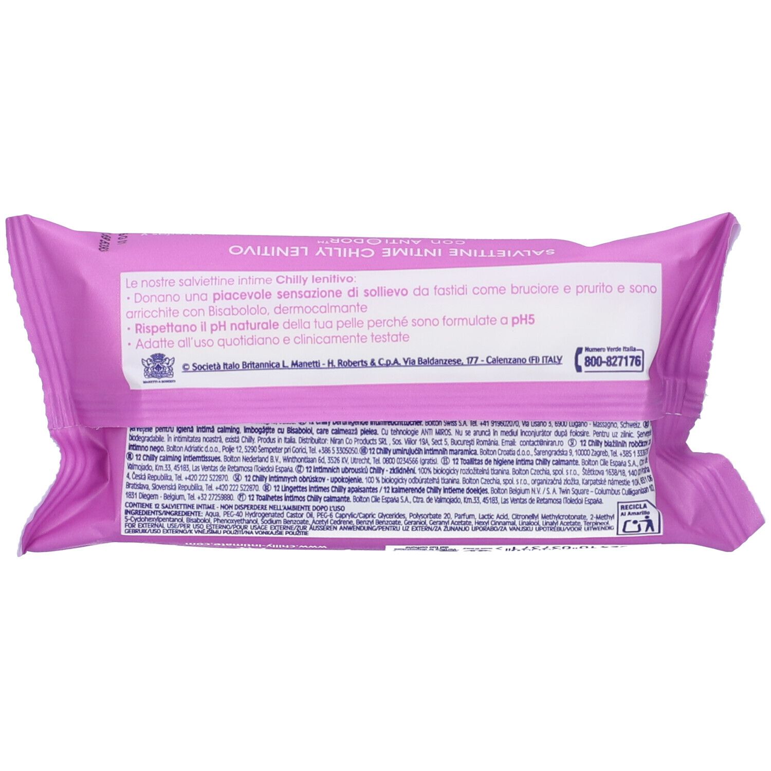 Retro della confezione rosa. Testo: Chilly lenitivo, Salviettine Intime. Informazioni e contatti.