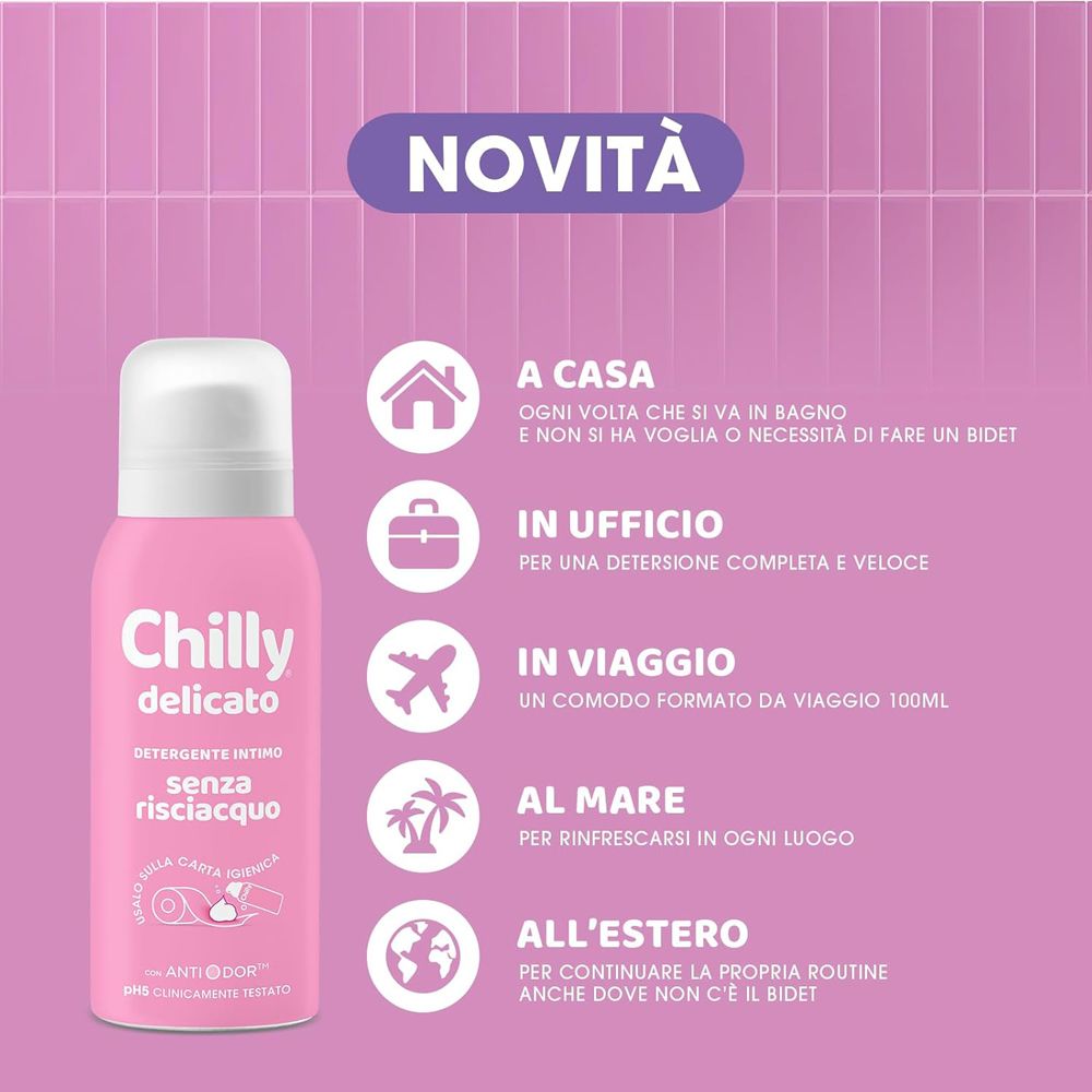 Flacone rosa con tappo bianco. Scritta: Chilly delicato, Detergente intimo senza risciacquo.