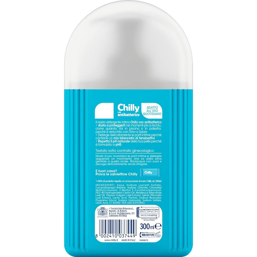 Retro del flacone blu. Testo in italiano, inclusi ingredienti e informazioni produttore. 300ml.