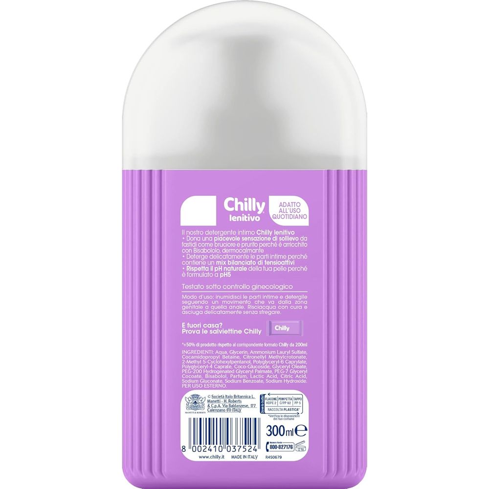 Retro del flacone lilla. Testo: Chilly lenitivo. Ingredienti, 300ml. Con marchio di qualità.