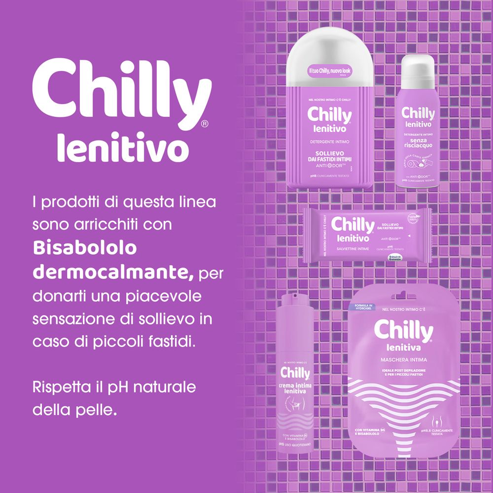 Linea di prodotti Chilly lenitivo. Prodotti: flacone, spray, salviettina, crema, maschera.