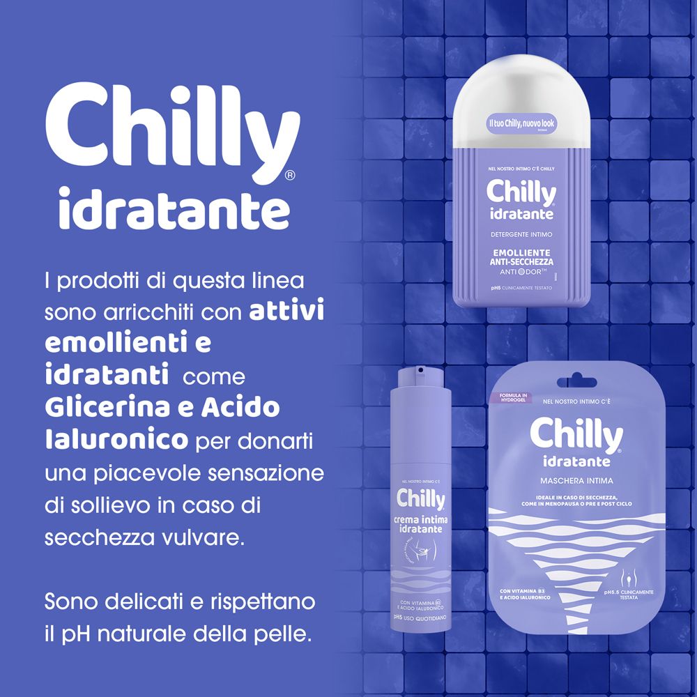 Pubblicità per Chilly Idratante. Prodotti con glicerina e acido ialuronico. Testo in italiano.
