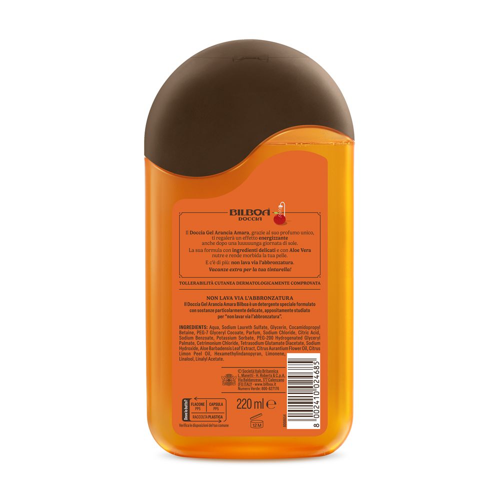 Retro del flacone di gel doccia. Testo: Bilboa Doccia, ingredienti, 220 ml. Codice a barre e certificazioni.