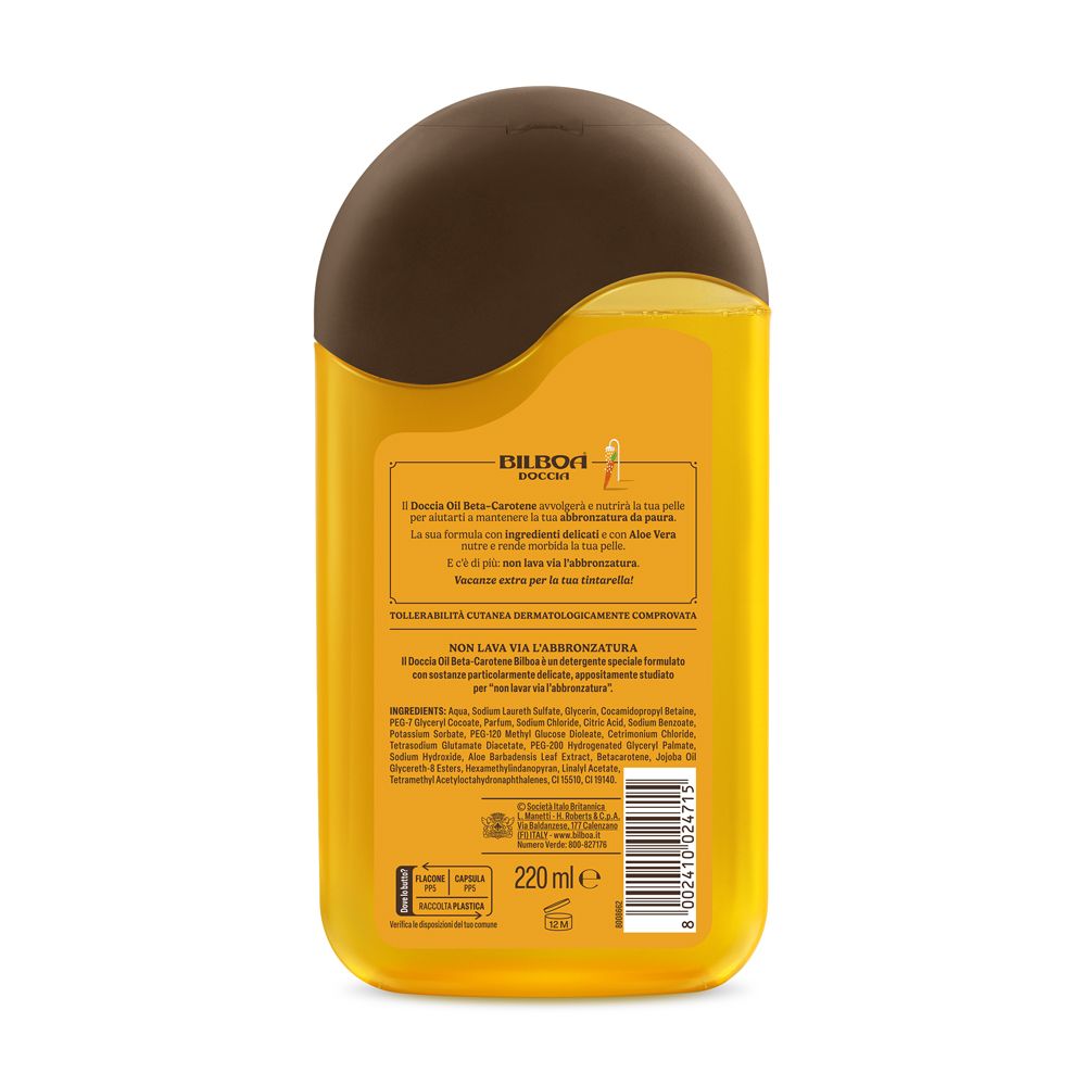 Retro del flacone di gel doccia giallo. Testo: Bilboa Doccia, ingredienti, 220 ml. Con certificazioni e codice a barre.