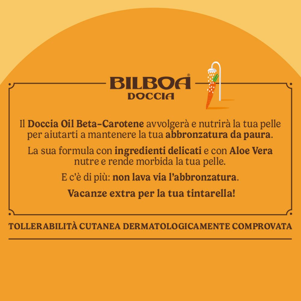 Testo pubblicitario per Bilboa Docciabronze. Testo su sfondo arancione. Dermatologicamente testato.
