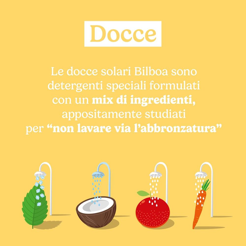 Illustrazione di docce con diversi ingredienti. Testo: Docce, non lavare via l'abbronzatura.