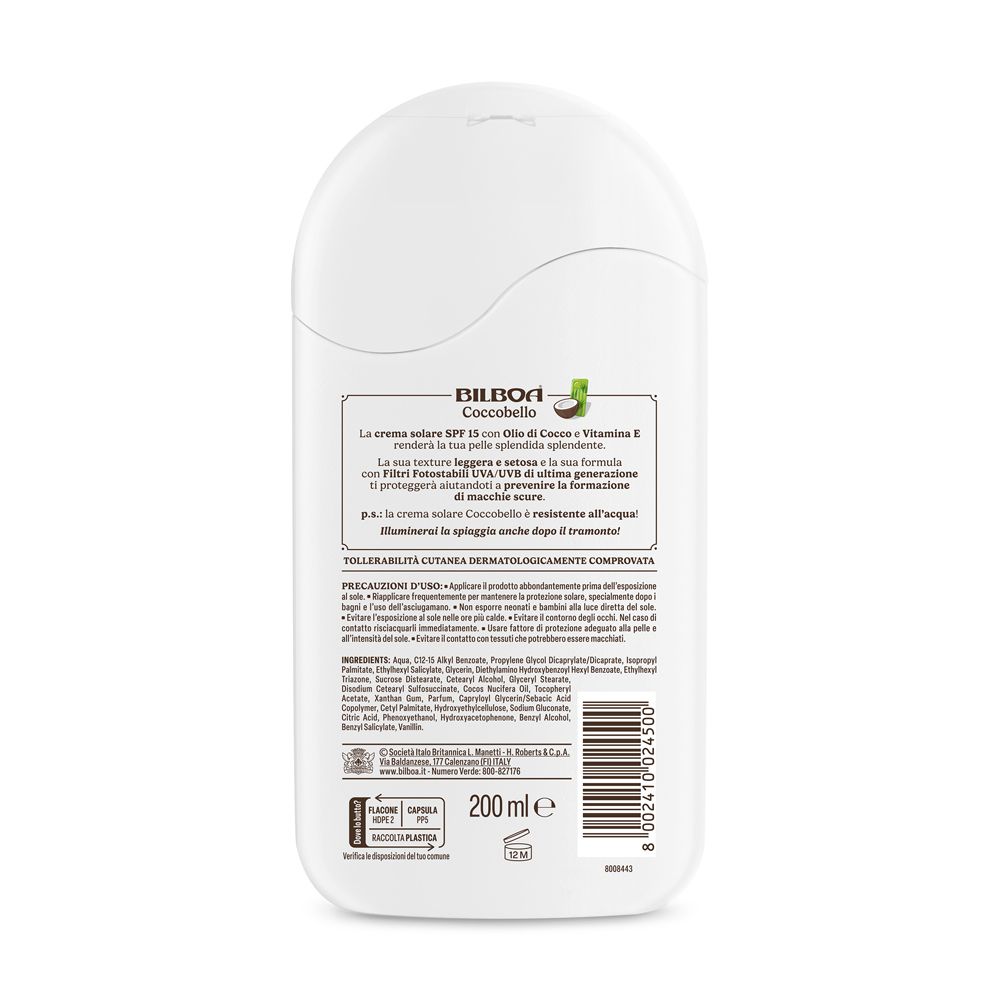 Retro del flacone bianco. Testo: Bilboa Coccobello, SPF 15 con olio di cocco e vitamina E. 200 ml. Codice a barre.