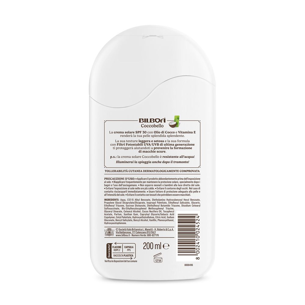 Retro del flacone di crema solare. Testo in italiano. Contiene informazioni sugli ingredienti e l'uso.