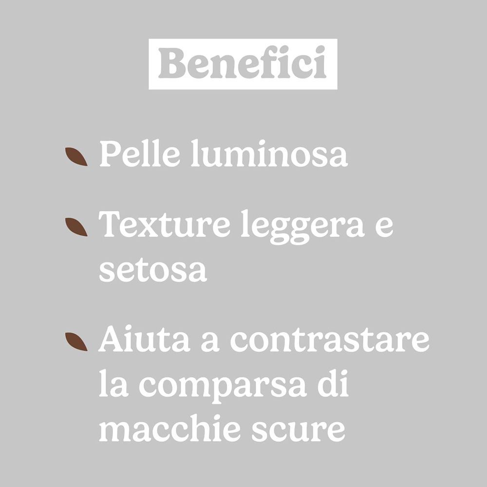 Testo su sfondo grigio: Benefici. Pelle luminosa, texture leggera, aiuta a contrastare le macchie scure.