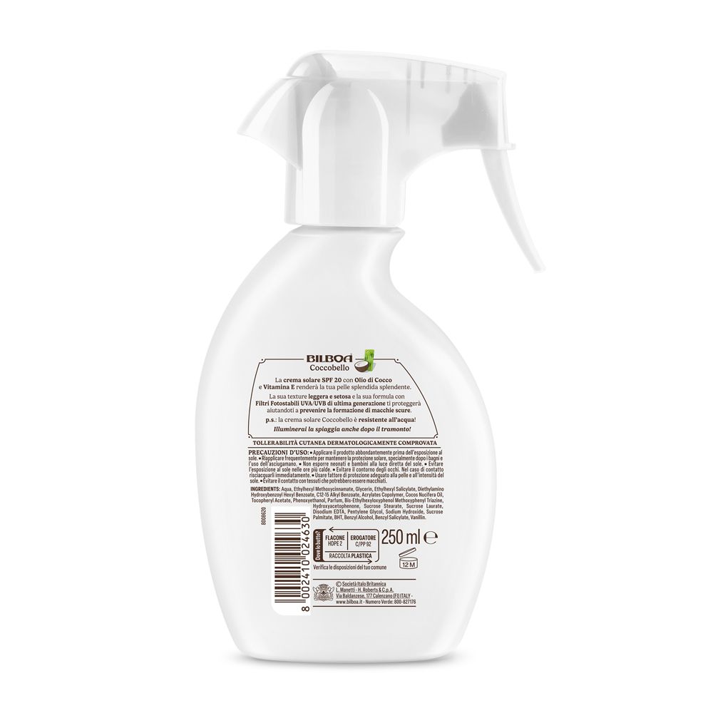 Retro del flacone spray bianco. Testo con informazioni sul prodotto e ingredienti. 250 ml.