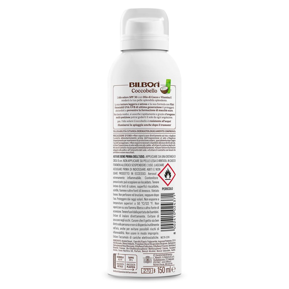 Retro flacone Bilboa Olio Spray Coccobello SPF 30. Testo in italiano. Simbolo di pericolo.