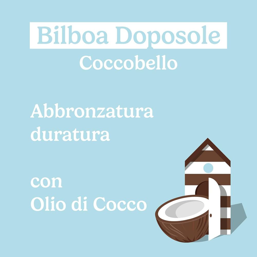 Sfondo blu con testo: Bilboa Doposole, Coccobello, Abbronzatura duratura, Con Olio di Cocco. Logo cocco.