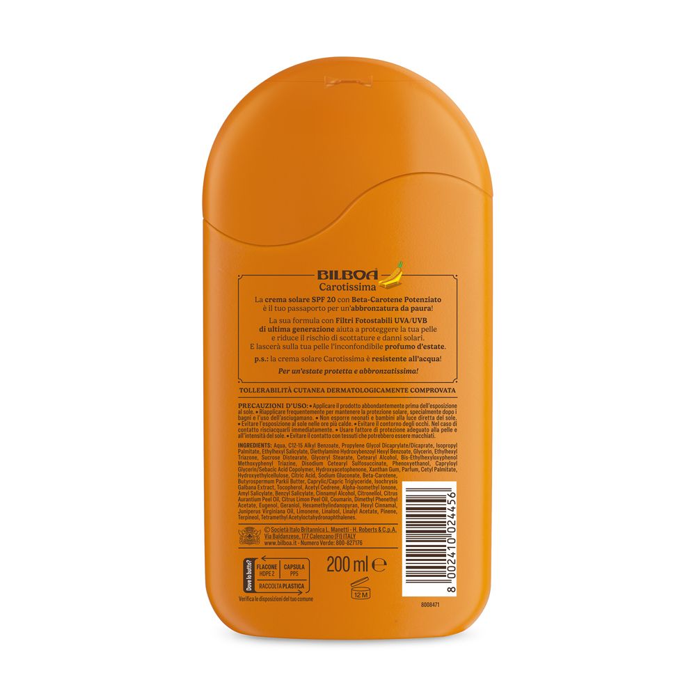 Retro flacone arancione. Testo: Bilboa Carotissima, SPF 20 con Beta-Carotene. Ingredienti, codice a barre, 200 ml.
