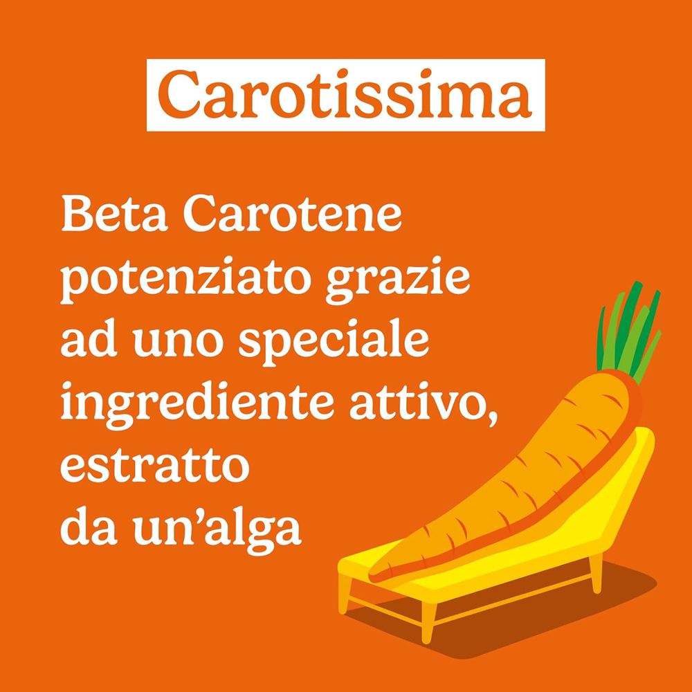 Sfondo arancione con testo 'Carotissima' e una carota sdraiata su un lettino.