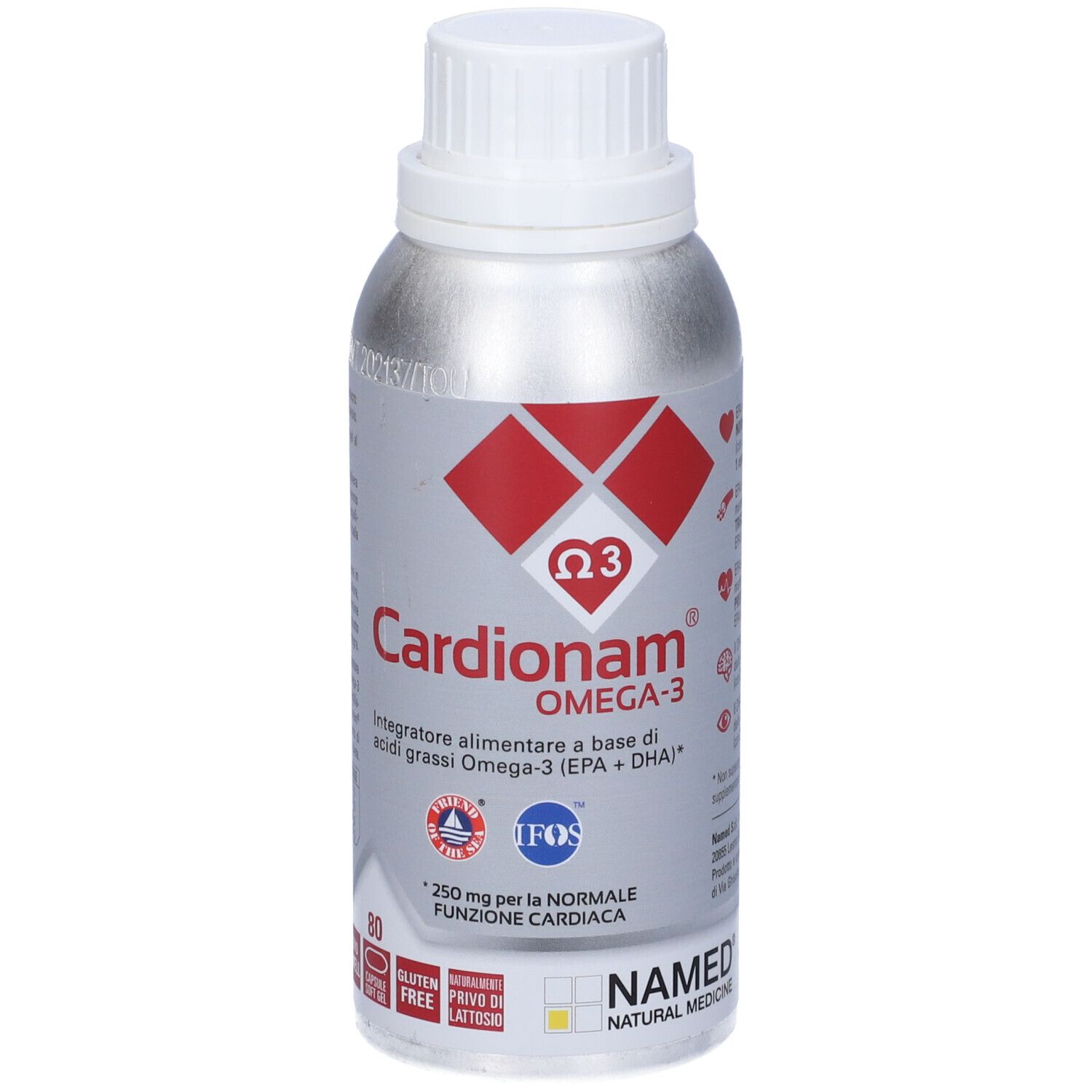 Bottiglia argentata con tappo bianco. Logo rosso con simbolo Omega-3. Scritta Cardionam Omega-3. Testo: Integratore alimentare.