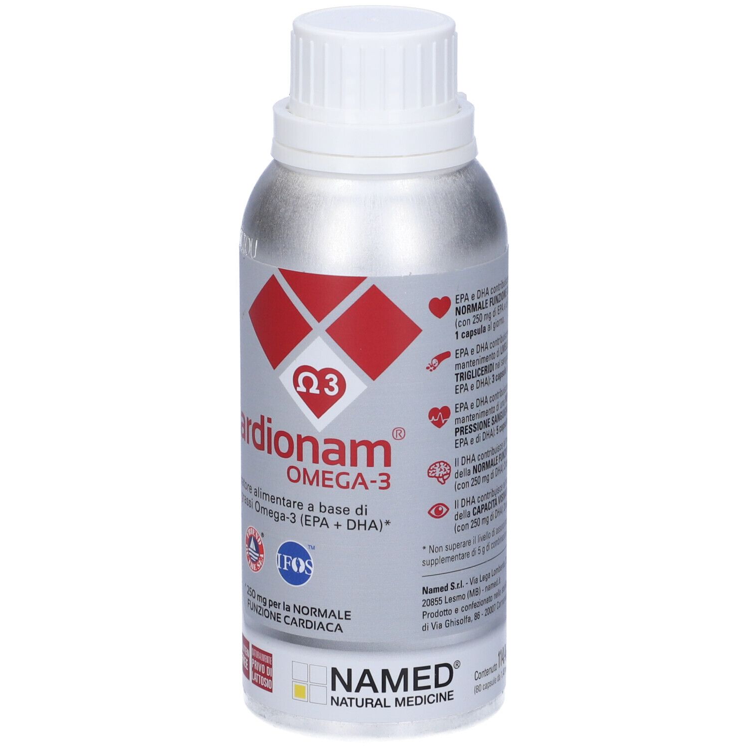 Bottiglia argentata con tappo bianco. Logo rosso con simbolo Omega-3. Scritta Cardionam Omega-3. Testo: Integratore alimentare.