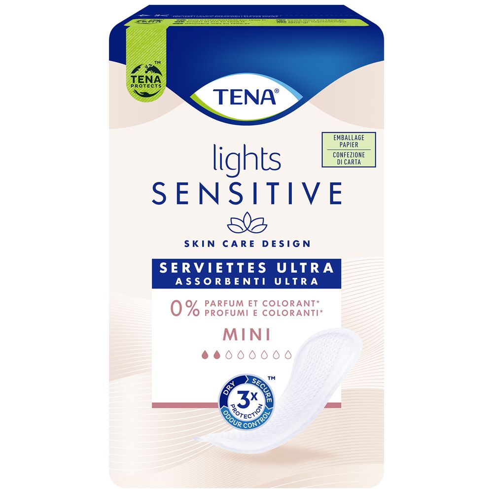 Confezione TENA Lights Sensitive Mini. Assorbenti ultra. 0% profumi e coloranti. Un assorbente è visibile.