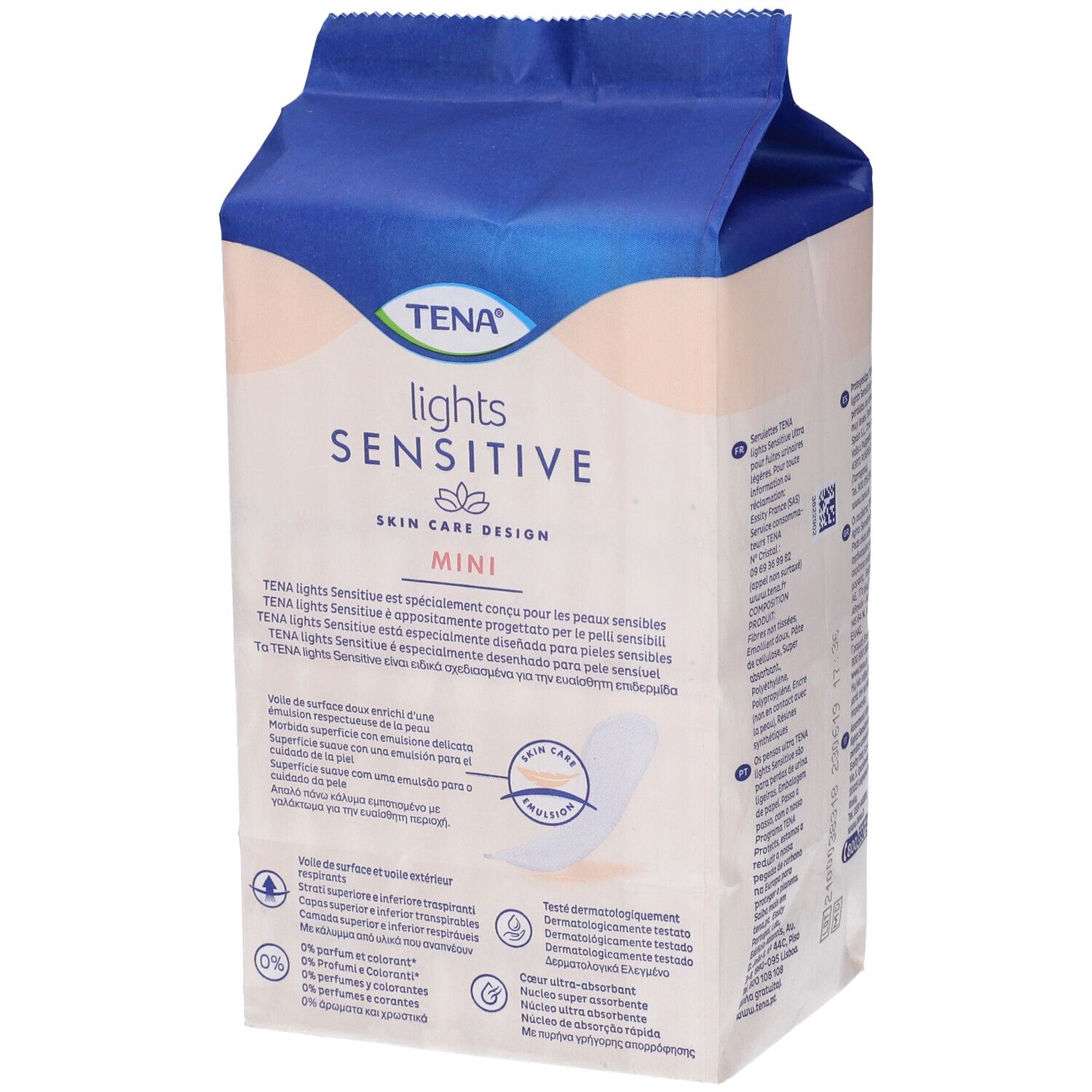 Confezione TENA Lights Sensitive Mini. Testo multilingue. 0% profumi e coloranti. Assorbente visibile.