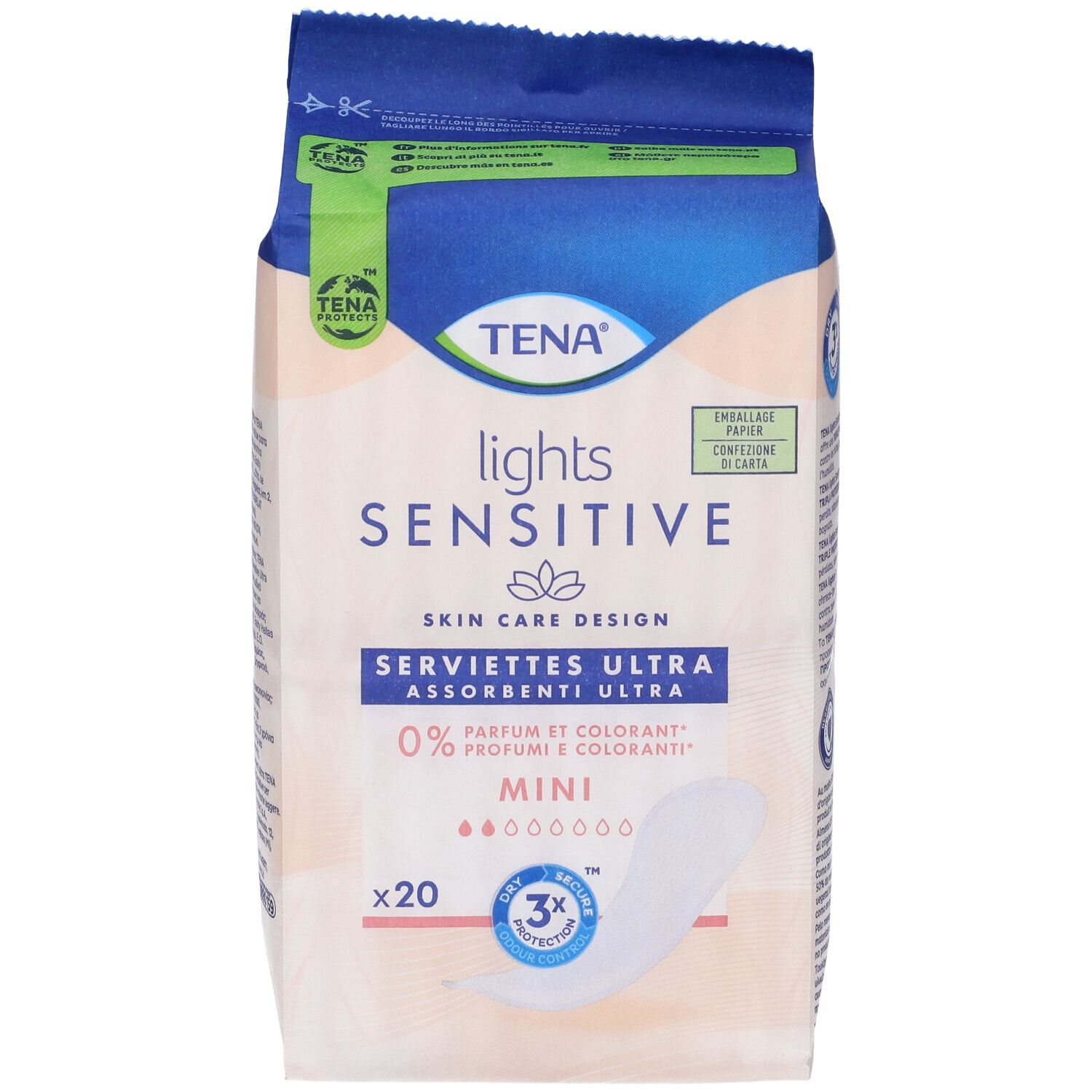 Confezione TENA Lights Sensitive Mini, 20 pezzi. Assorbenti ultra. 0% profumi e coloranti. Assorbente visibile.