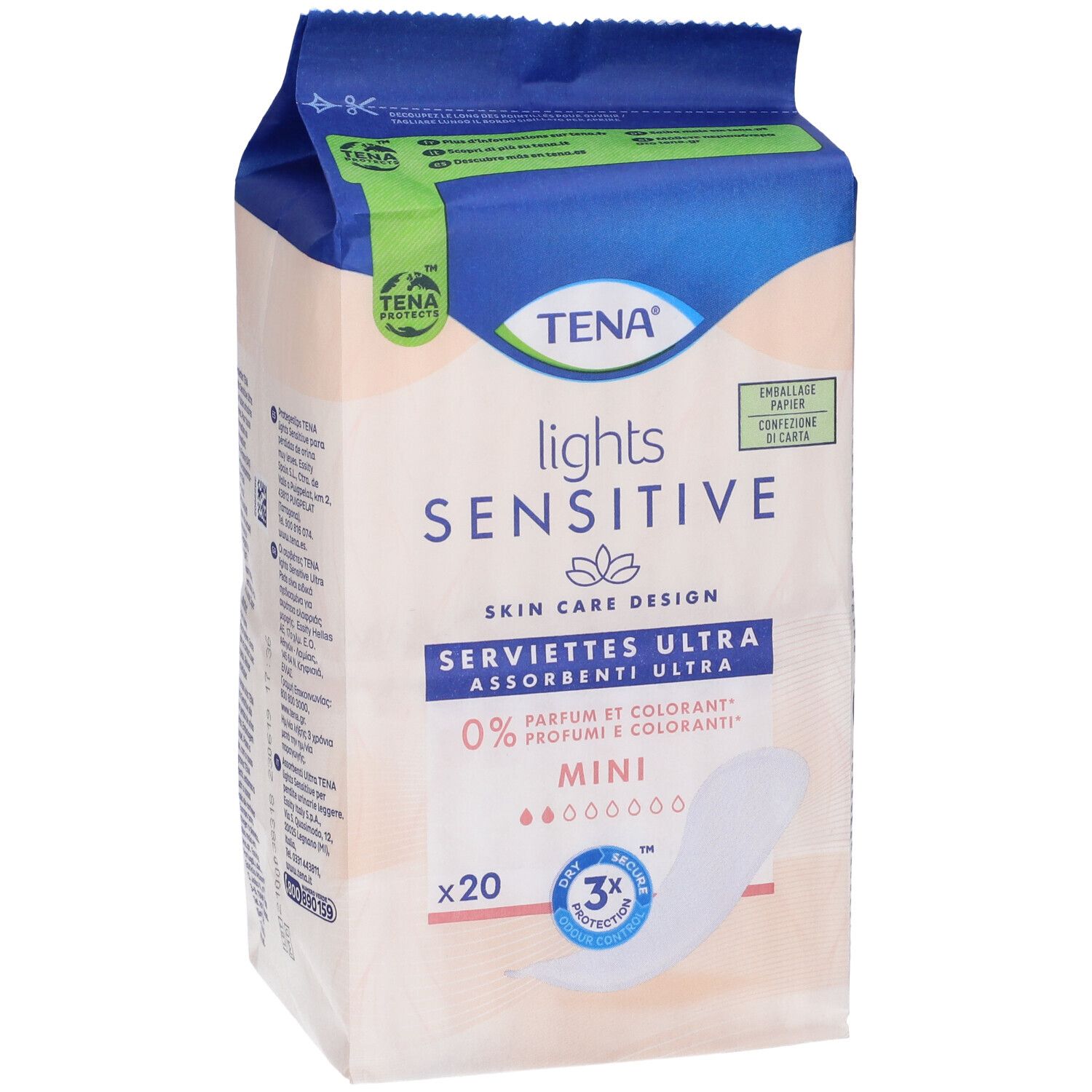 Confezione TENA Lights Sensitive Mini, 20 pezzi. Assorbenti ultra. 0% profumi e coloranti. Assorbente visibile.