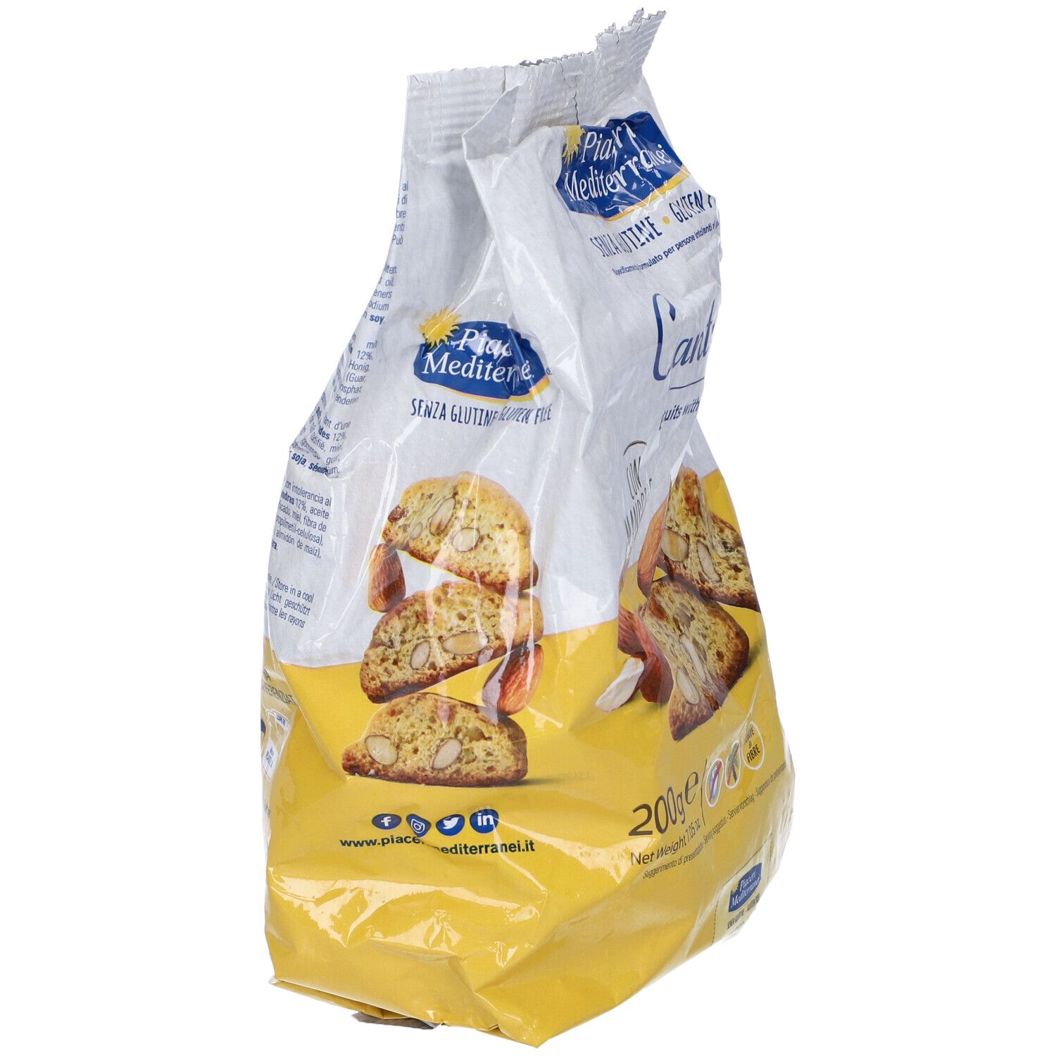 Confezione di biscotti Cantucci. Marchio Piaceri Mediterranei. Senza glutine. Scritte: Cantucci, mandorle, 200g.