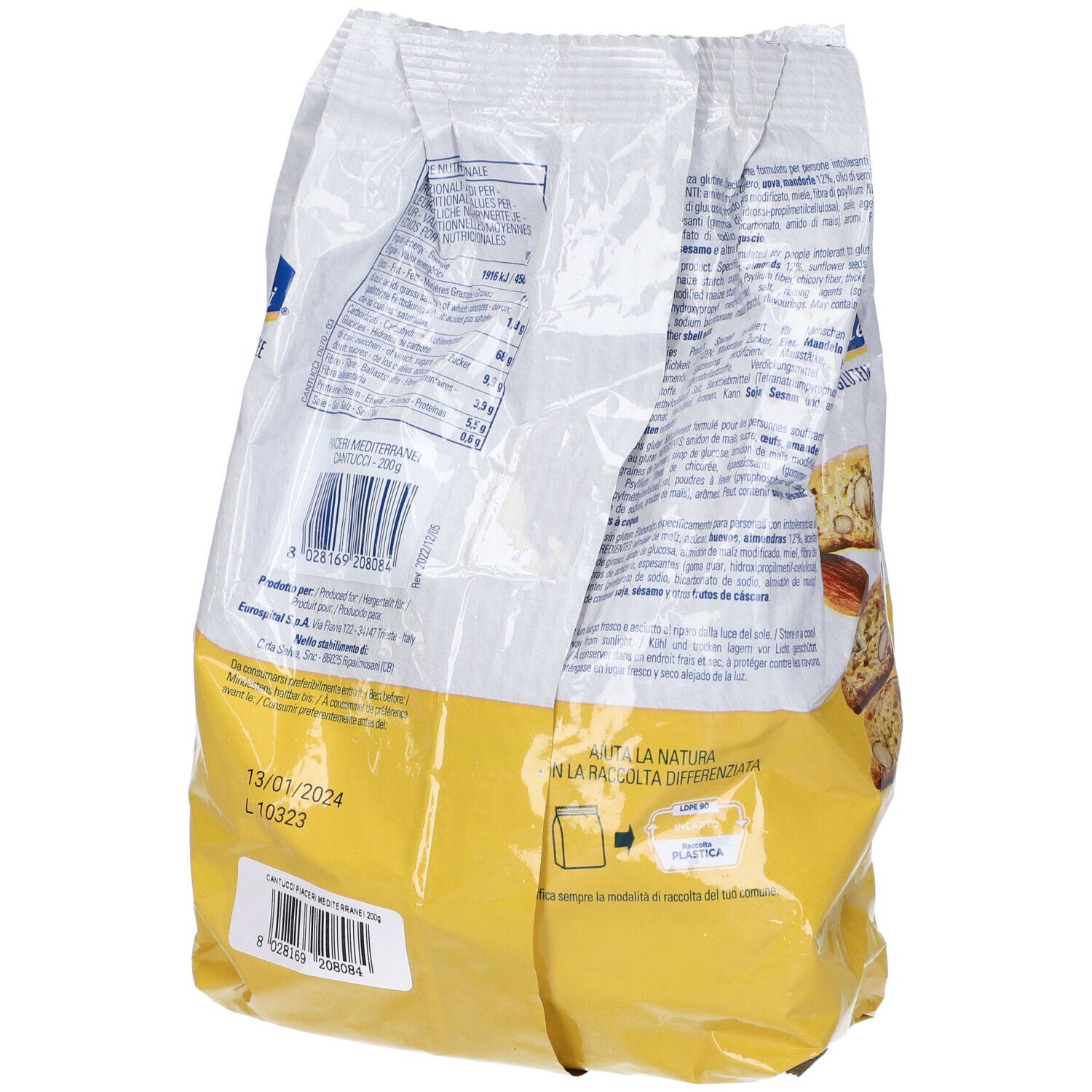 Retro della confezione di biscotti Cantucci. Marchio Piaceri Mediterranei. Informazioni sugli ingredienti e nutrizionali.