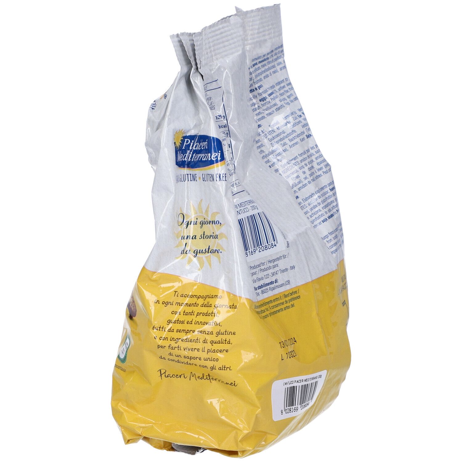 Lato della confezione di biscotti Cantucci. Marchio Piaceri Mediterranei. Scritte: Senza glutine, informazioni sul prodotto.