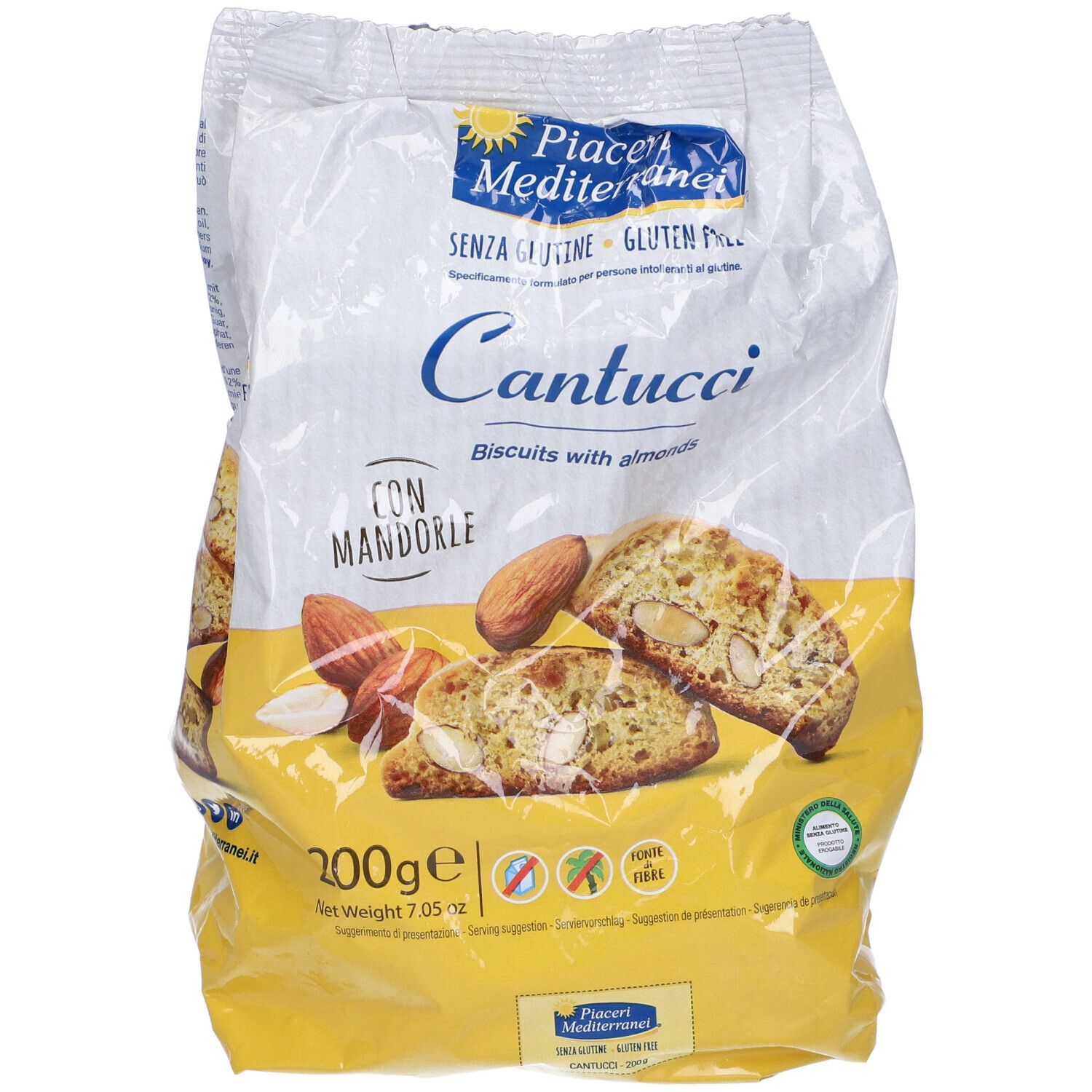 Confezione di biscotti Cantucci. Marchio Piaceri Mediterranei. Senza glutine. Scritte: Cantucci, mandorle, 200g.