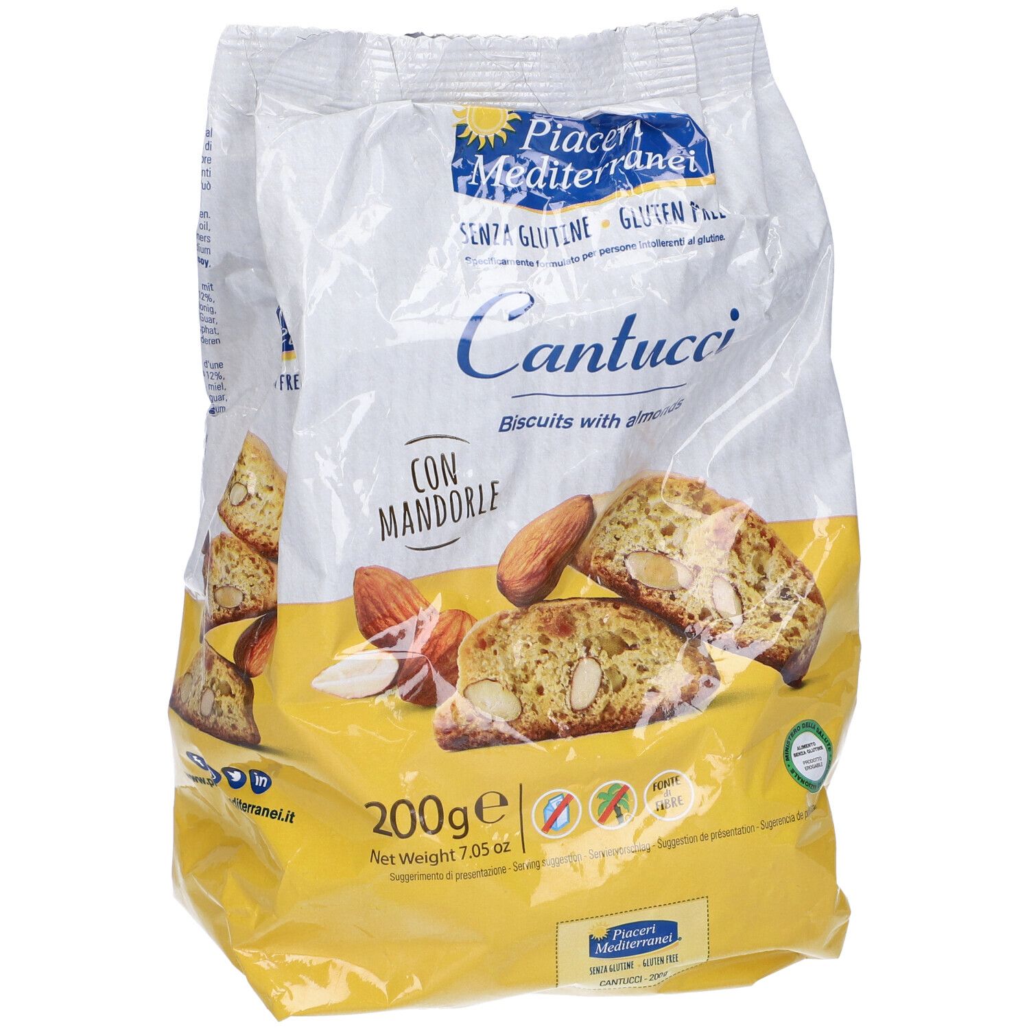 Confezione di biscotti Cantucci. Marchio Piaceri Mediterranei. Senza glutine. Scritte: Cantucci, mandorle, 200g.