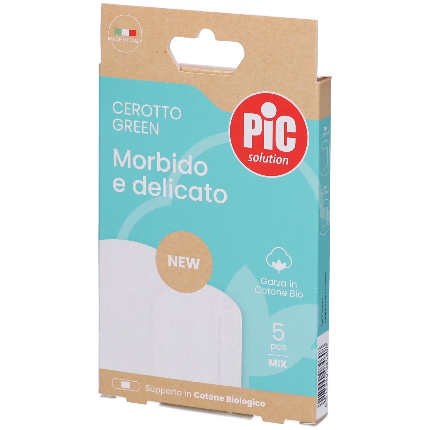 Confezione di cerotti. Scritta: Cerotto Green, morbido e delicato. Marchio PIC. 5 pezzi, Mix. Prodotto in Italia.