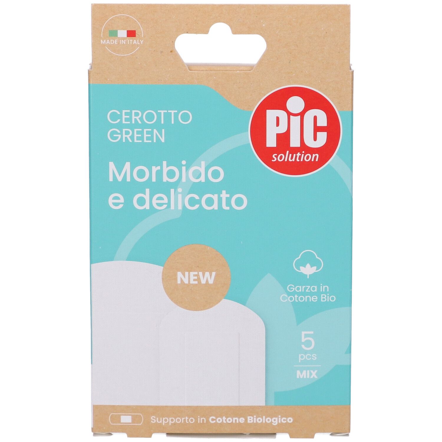 Confezione di cerotti. Scritta: Cerotto Green, morbido e delicato. Marchio PIC. 5 pezzi, Mix. Prodotto in Italia.
