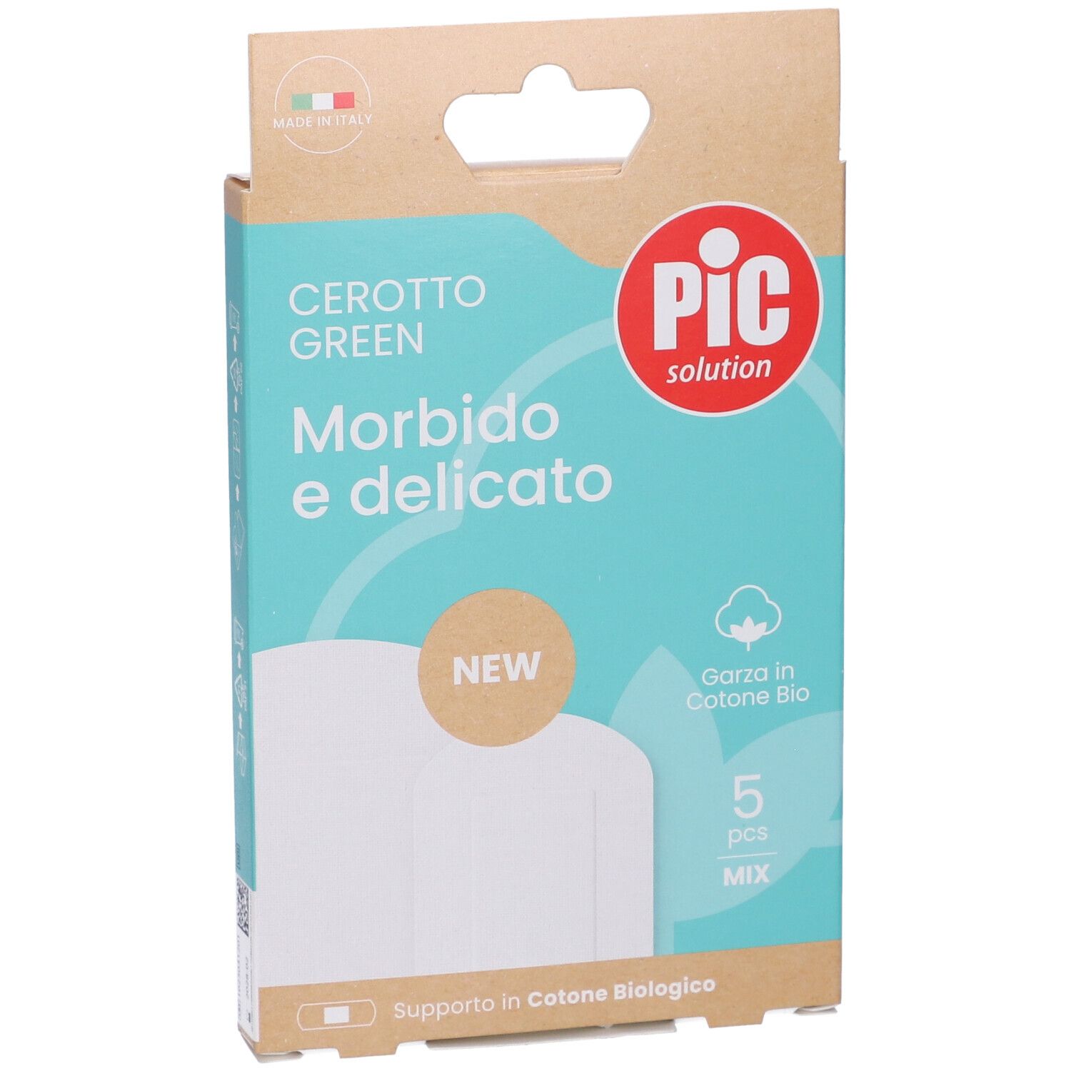 Confezione di cerotti. Scritta: Cerotto Green, morbido e delicato. Marchio PIC. 5 pezzi, Mix. Prodotto in Italia.