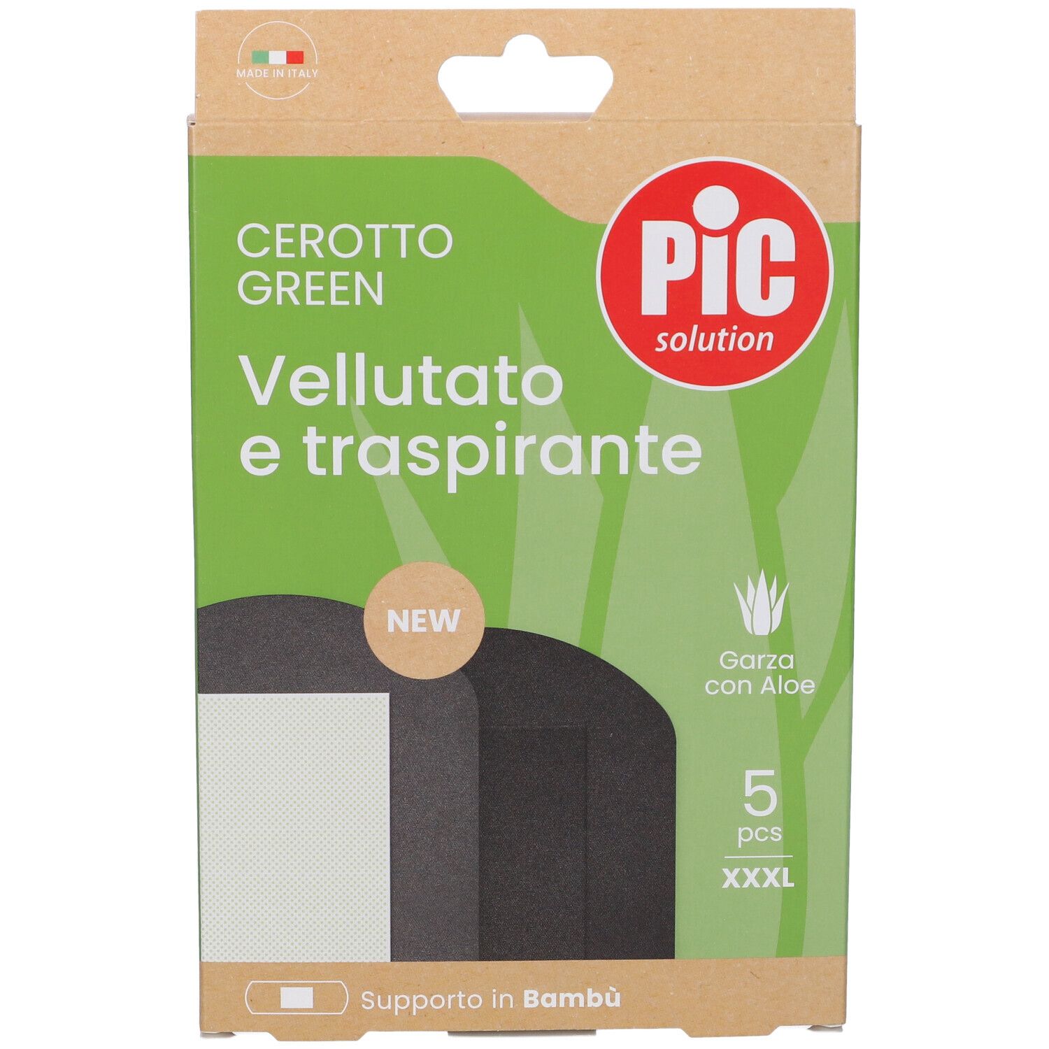 Confezione di cerotti. Logo "PIC solution". Testo "Cerotto Green" e "Vellutato e traspirante". 5 pezzi.