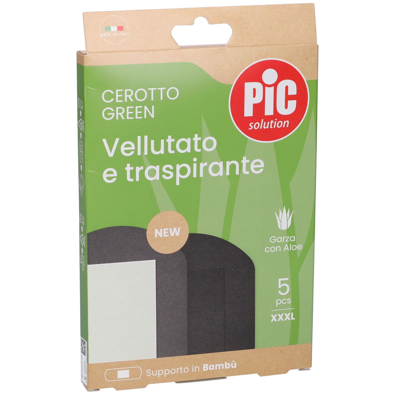 Confezione di cerotti. Logo "PIC solution". Testo "Cerotto Green" e "Vellutato e traspirante". 5 pezzi.
