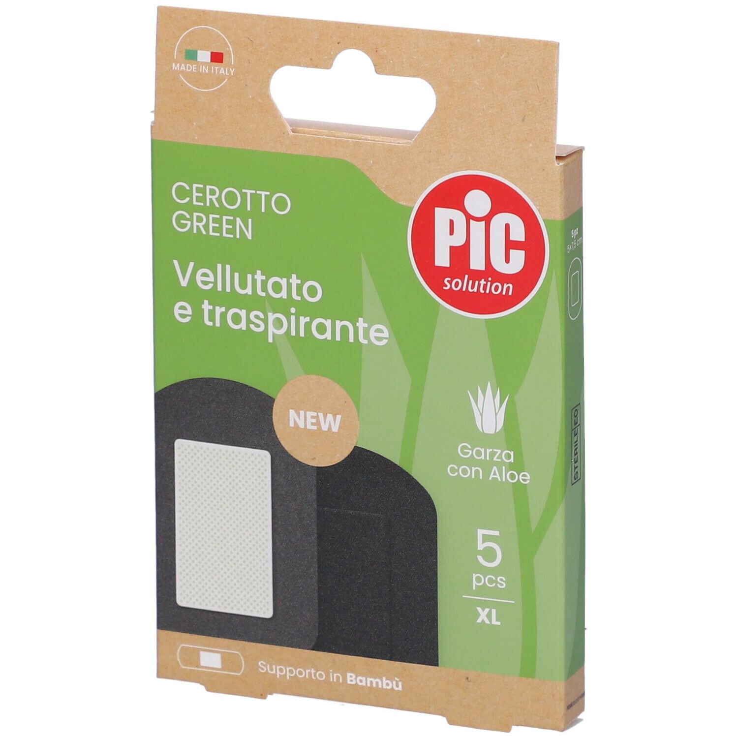 Confezione di cerotti. Scritta: Cerotto Green, vellutato e traspirante. Marchio PIC. Contiene 5 cerotti XL con Aloe.