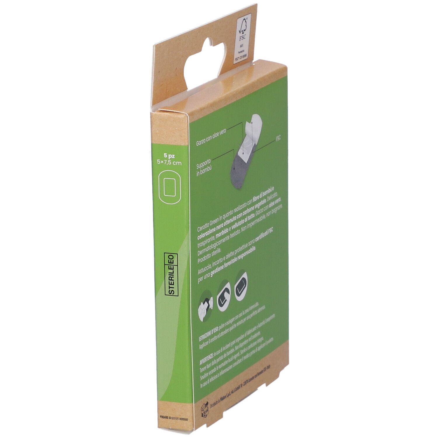 Vista laterale della confezione di cerotti. Testo: Cerotto Green, fibra di bambù, Aloe. Contiene 5 pezzi. Certificazione FSC.