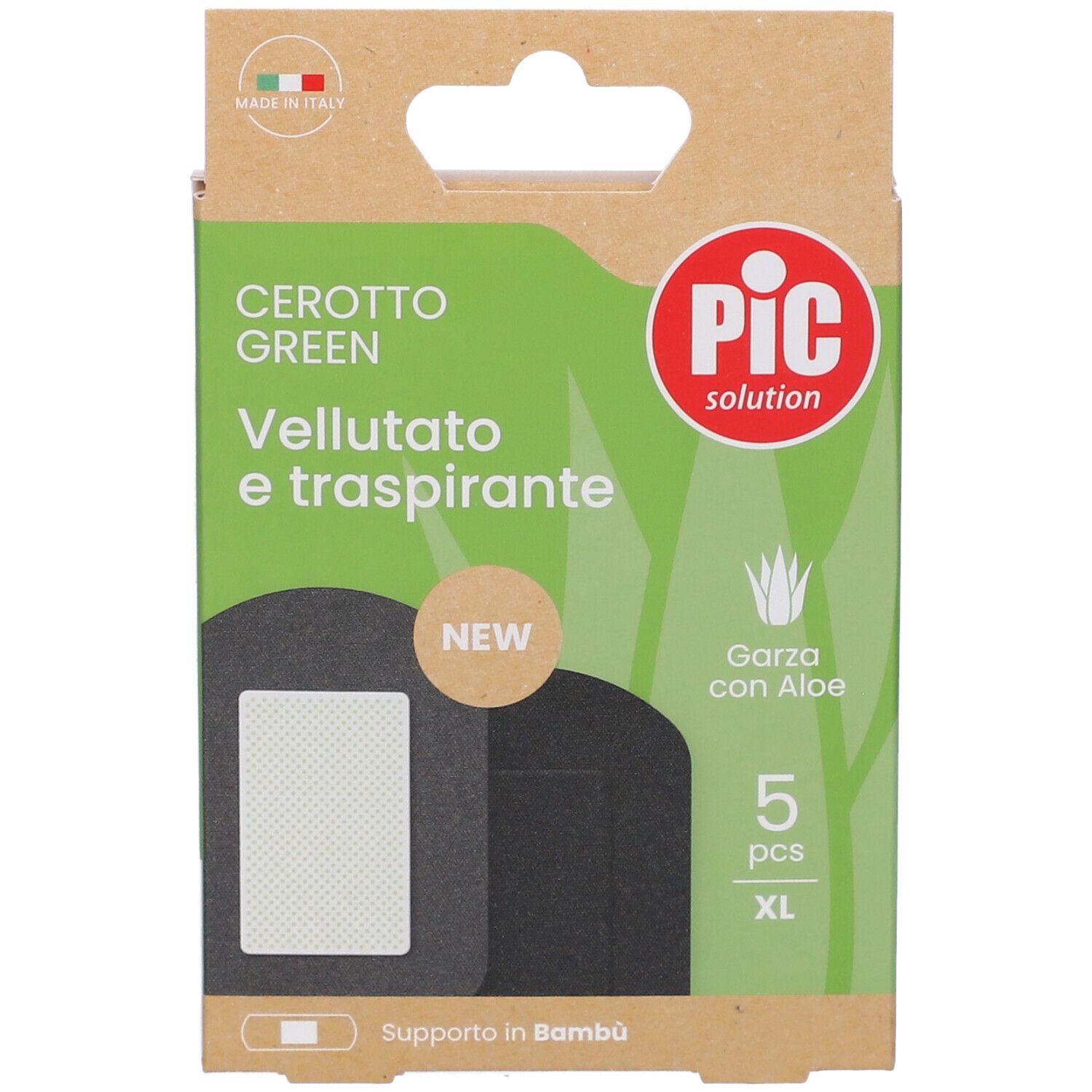 Confezione di cerotti. Scritta: Cerotto Green, vellutato e traspirante. Marchio PIC. Contiene 5 cerotti XL con Aloe.