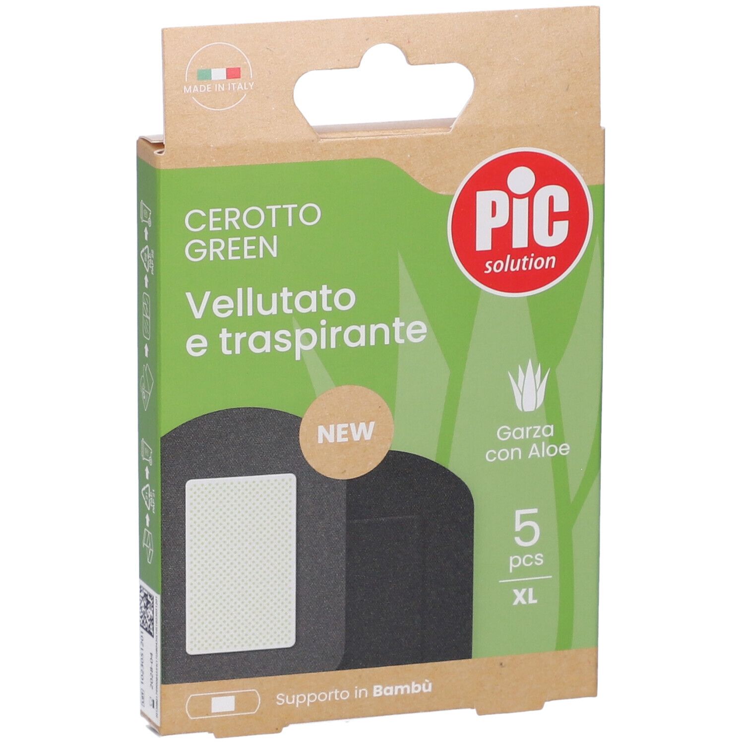 Confezione di cerotti. Scritta: Cerotto Green, vellutato e traspirante. Marchio PIC. Contiene 5 cerotti XL con Aloe.