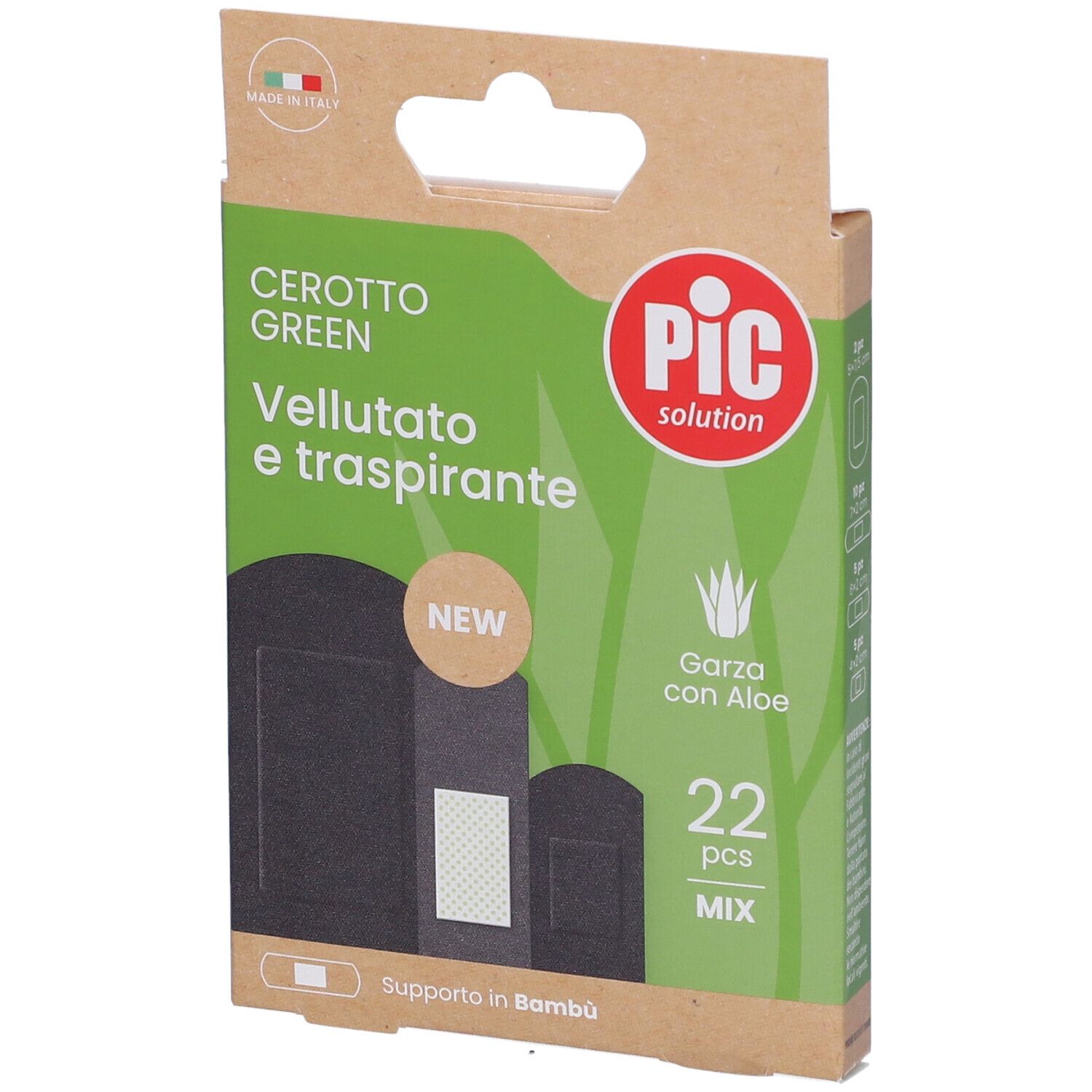 Confezione di cerotti PIC, verdi, vellutati e traspiranti. Contiene 22 pezzi. Con aloe vera e supporto in bambù.