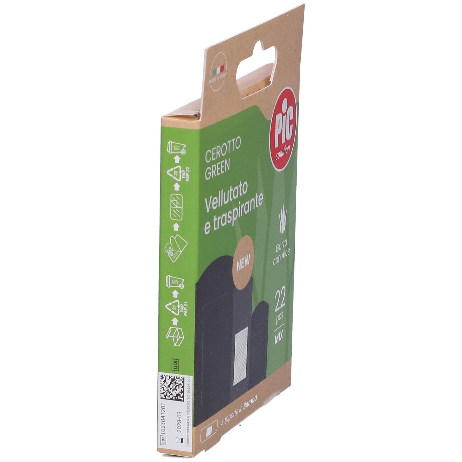 Confezione di cerotti PIC, verdi, vellutati e traspiranti. Contiene 22 pezzi. Con aloe vera e supporto in bambù.
