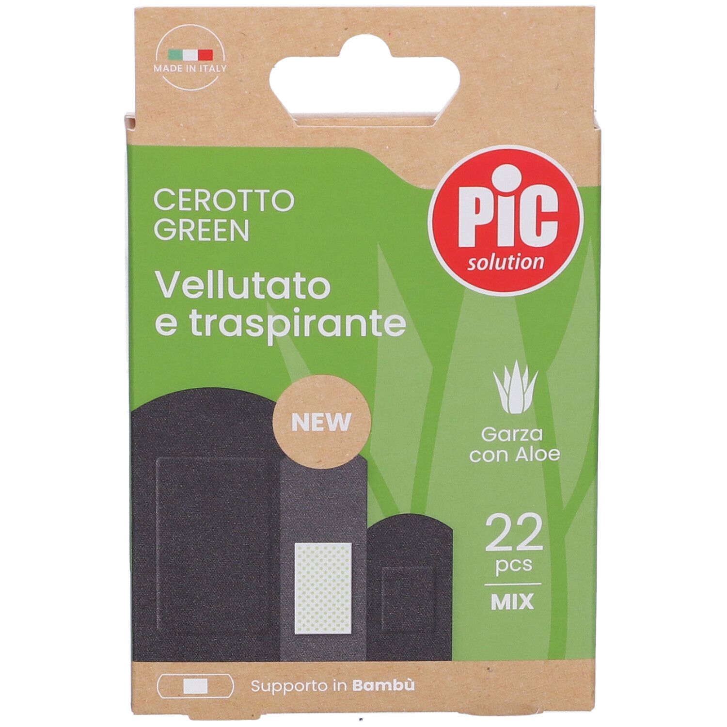 Confezione di cerotti PIC, verdi, vellutati e traspiranti. Contiene 22 pezzi. Con aloe vera e supporto in bambù.