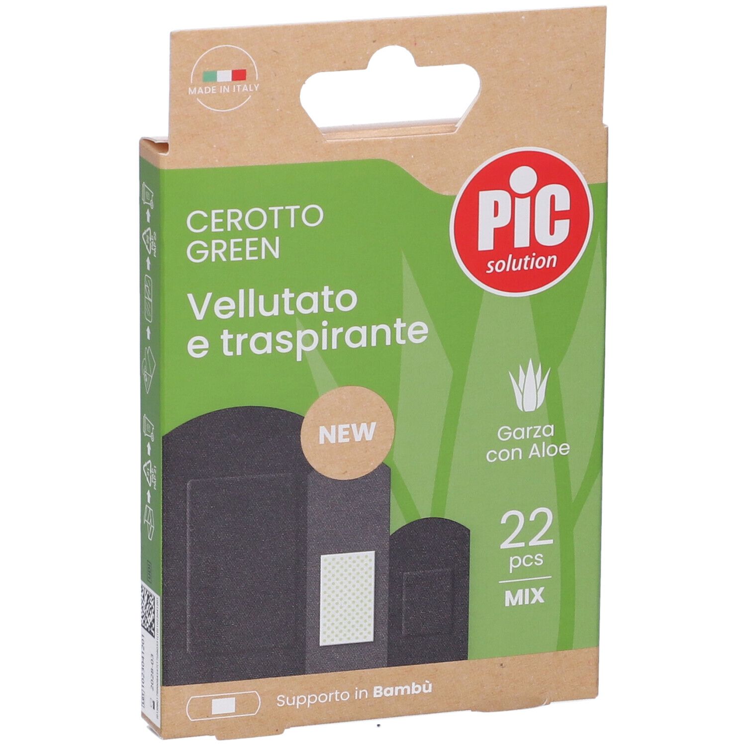 Confezione di cerotti PIC, verdi, vellutati e traspiranti. Contiene 22 pezzi. Con aloe vera e supporto in bambù.