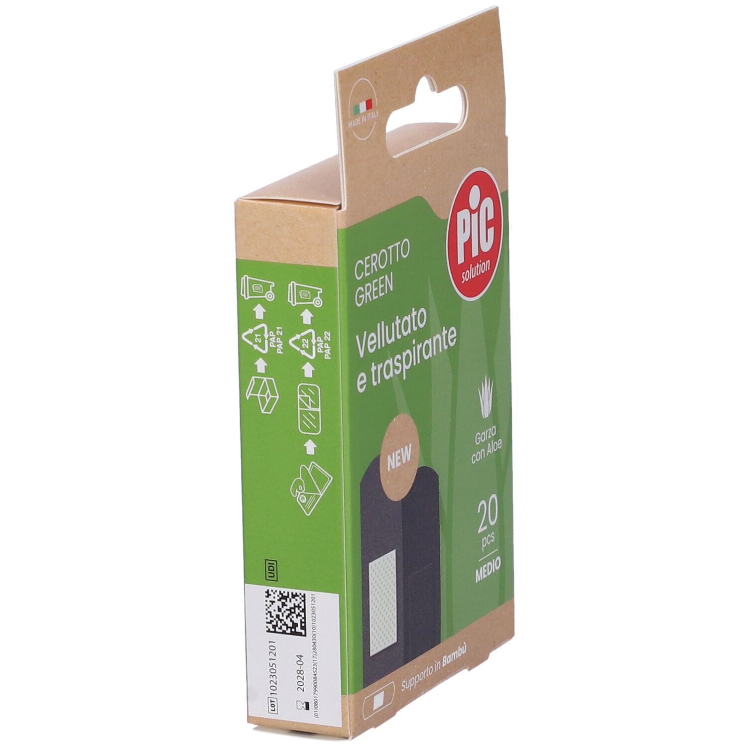 Confezione di cerotti PIC Cerotto Green. 20 pezzi, Medio. Supporto in bambù, garza con aloe vera. Scatola di cartone.