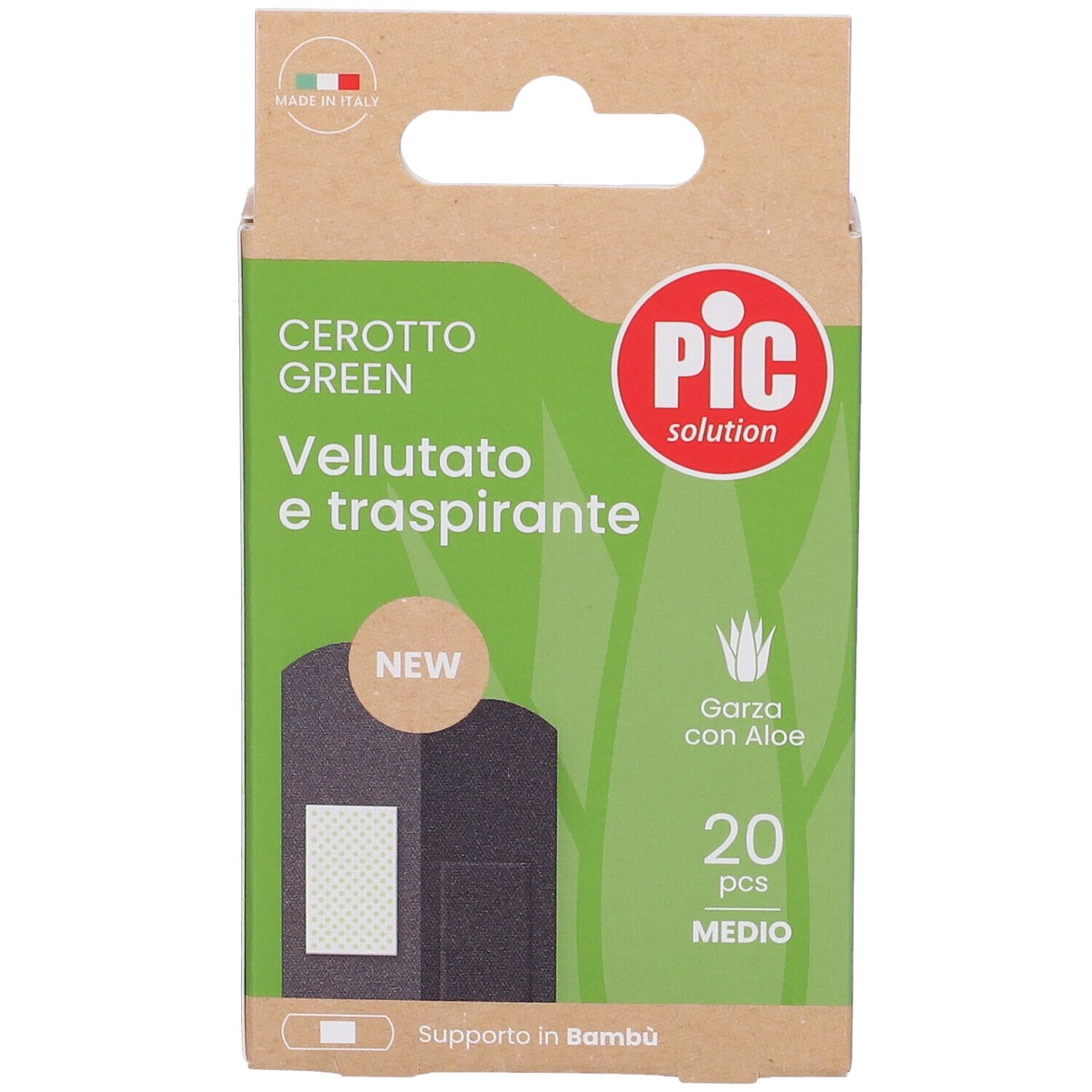 Confezione di cerotti PIC Cerotto Green. 20 pezzi, Medio. Supporto in bambù, garza con aloe vera. Scatola di cartone.