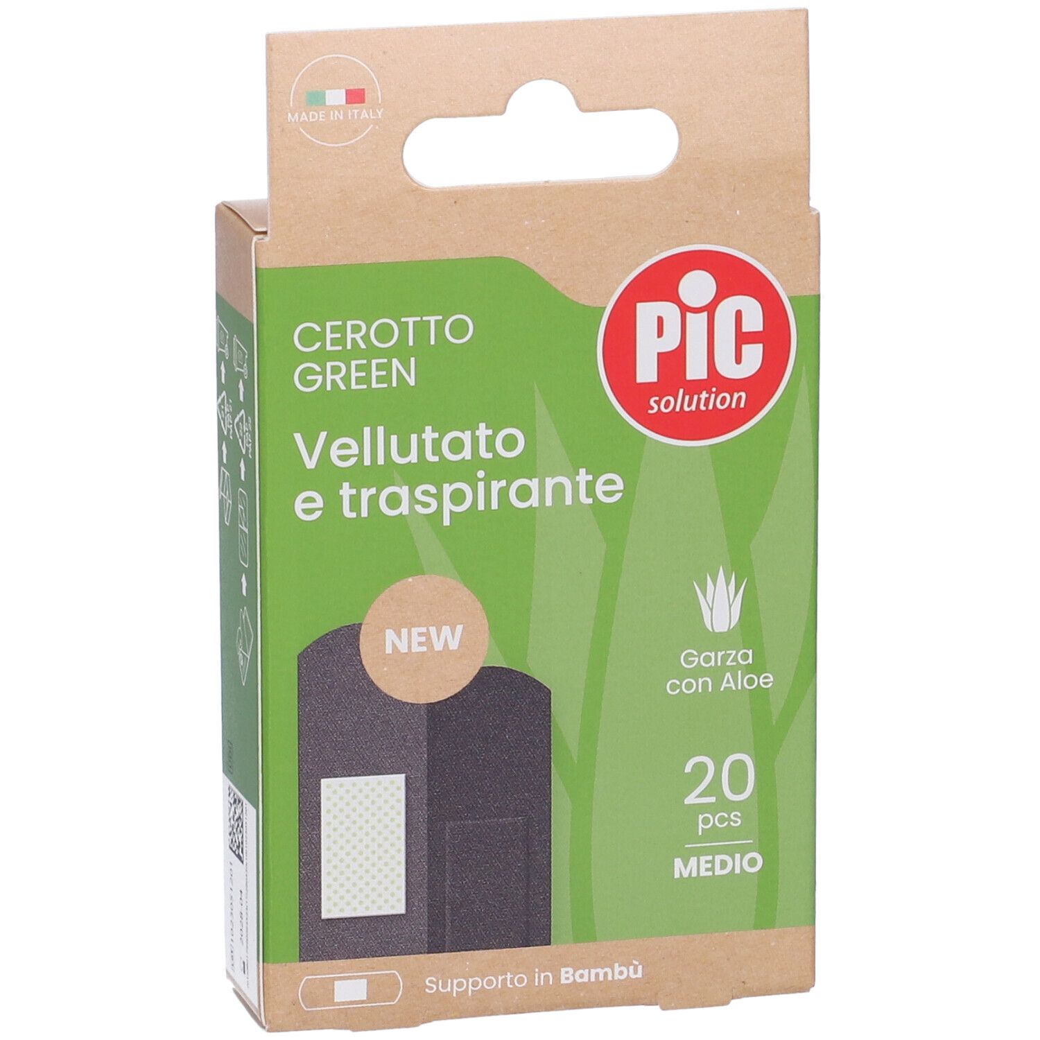 Confezione di cerotti PIC Cerotto Green. 20 pezzi, Medio. Supporto in bambù, garza con aloe vera. Scatola di cartone.