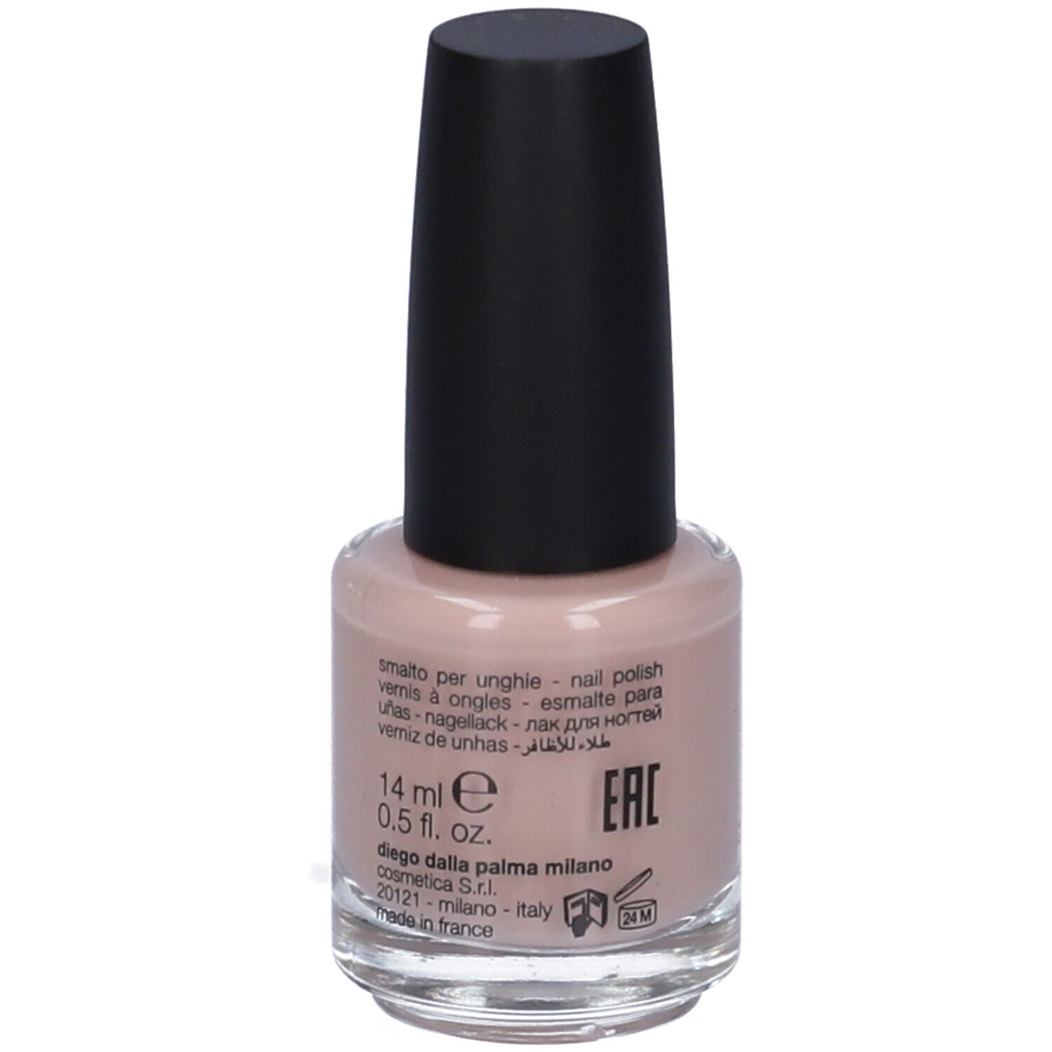 Flacone di smalto per unghie beige con tappo nero. Scritta '14 ml 0.5 fl. oz.' e altri dettagli testuali.