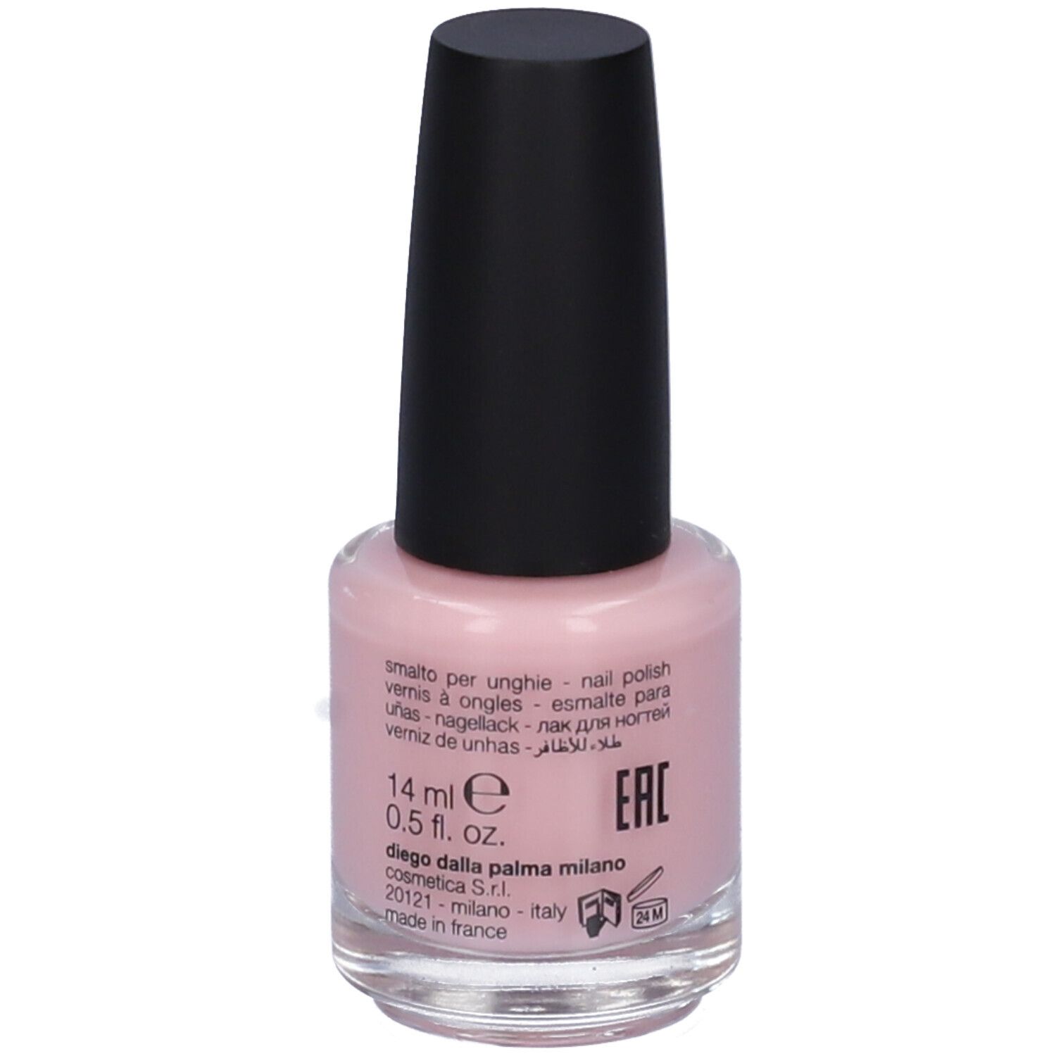 Flacone di smalto rosa, tappo nero. Volume: 14 ml. Scritta: Diego dalla Palma.