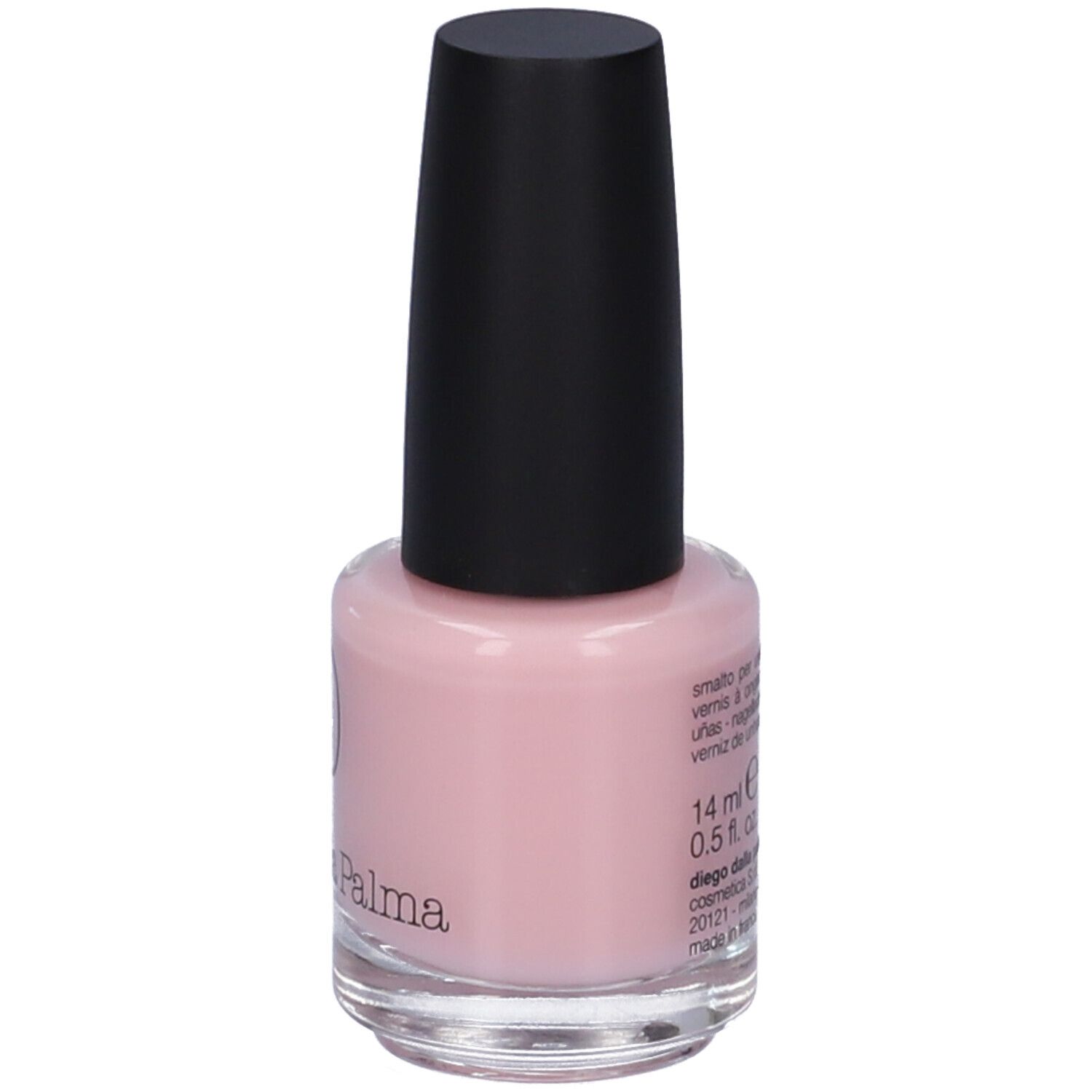 Flacone di smalto rosa, tappo nero. Volume: 14 ml. Scritta: Diego dalla Palma.