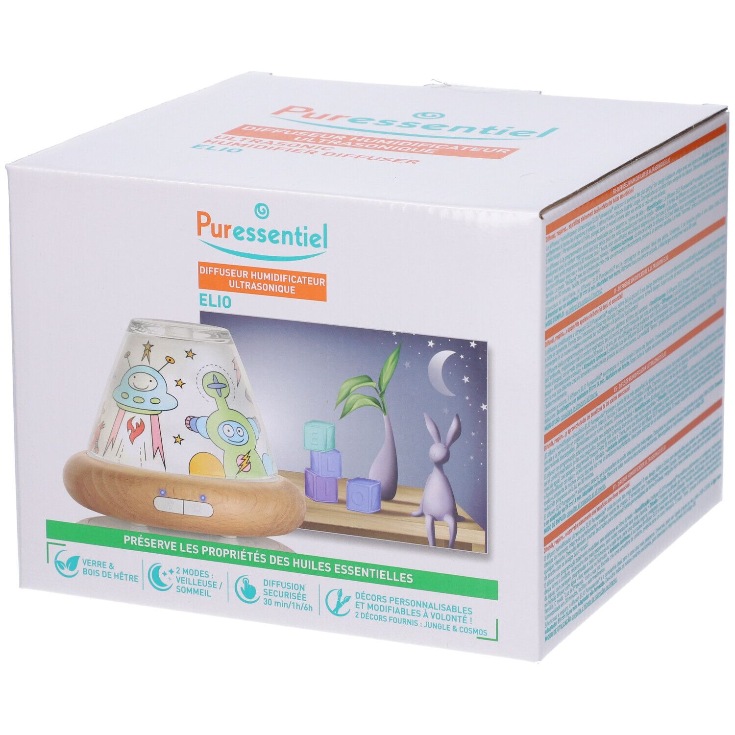 Confezione del diffusore a ultrasuoni Elio di Puressentiel. Immagine del prodotto sulla confezione.
